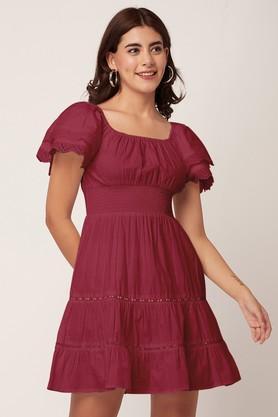 solid square neck cotton women's dress - red