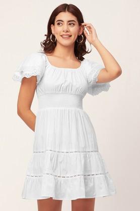 solid square neck cotton women's dress - white