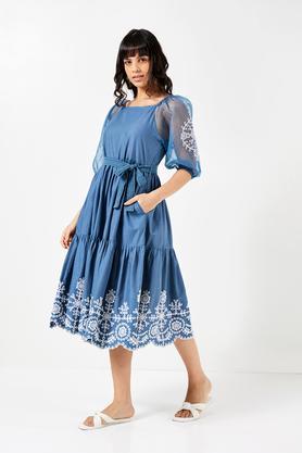 solid square neck cotton women's ethnic dress - indigo