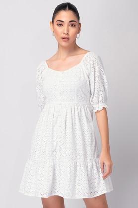 solid square neck cotton women's midi dress - white