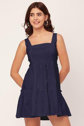 solid square neck cotton women's mini dress - blue