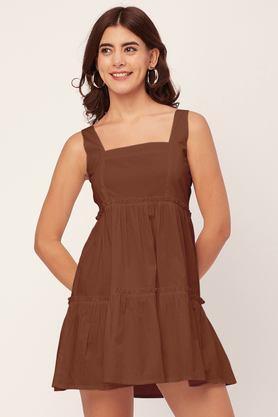 solid square neck cotton women's mini dress - brown