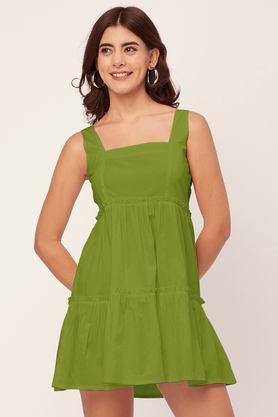 solid square neck cotton women's mini dress - green