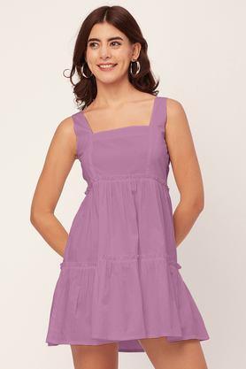 solid square neck cotton women's mini dress - lavender