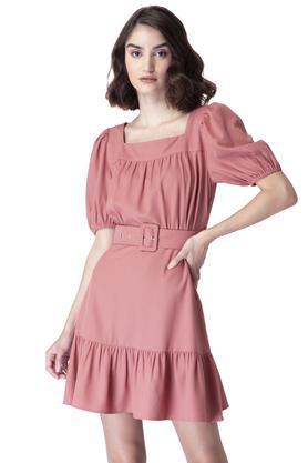 solid square neck crepe women's a-line dress - pink