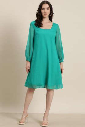 solid square neck georgette women's dress - green