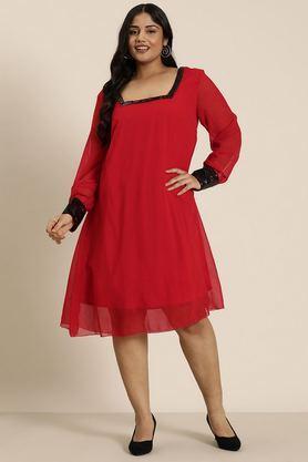 solid square neck georgette women's dress - red