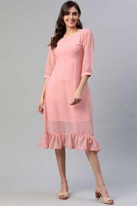 solid square neck georgette women's knee length dress - peach