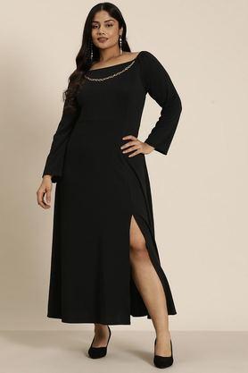 solid square neck lycra women's dress - black