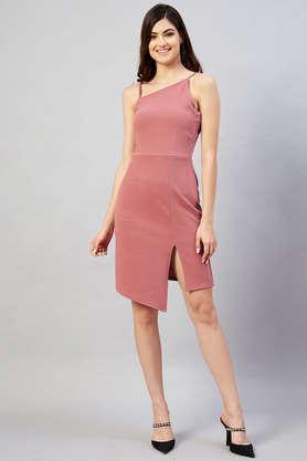 solid square neck poly blend women's mini dress - pink