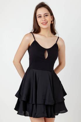 solid square neck polyester women's dress - black