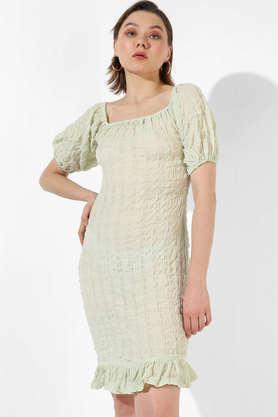 solid square neck polyester women's dress - green