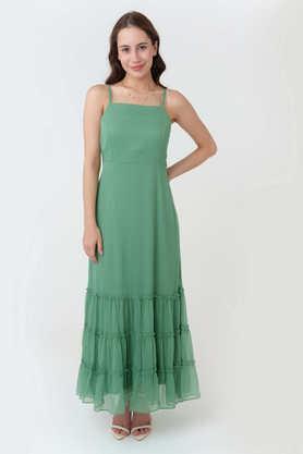 solid square neck polyester women's dress - green