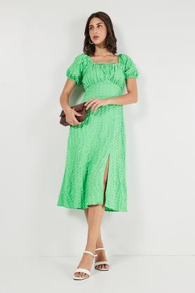 solid square neck polyester women's dress - green