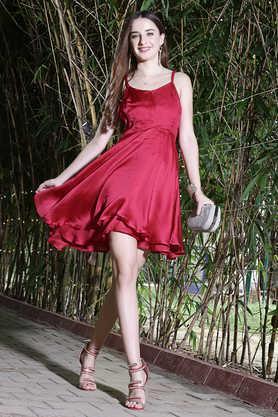 solid square neck polyester women's dress - red