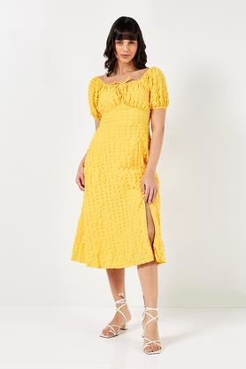 solid square neck polyester women's dress - yellow