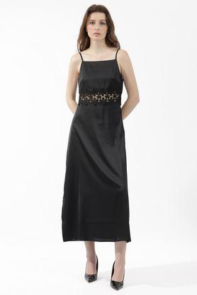 solid square neck polyester women's full length dress - black