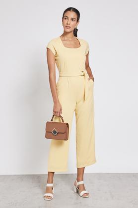 solid square neck polyester women's maxi dress - yellow