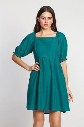 solid square neck polyester women's mid thigh dress - green