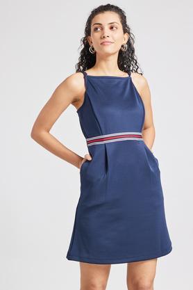 solid square neck polyester women's mini dress - navy