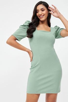 solid square neck polyester women's mini dress - pista green
