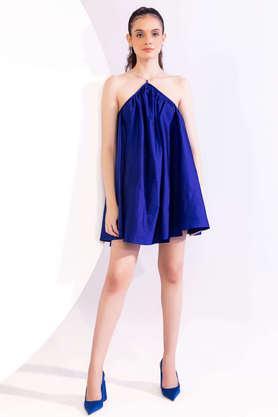 solid square neck silk women's dress - blue