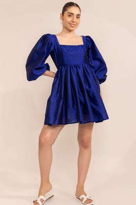 solid square neck silk women's dress - blue