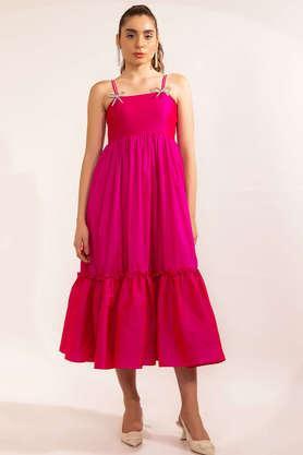 solid square neck silk women's dress - pink