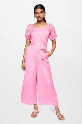 solid square neck viscose women's straight jumpsuits - pink