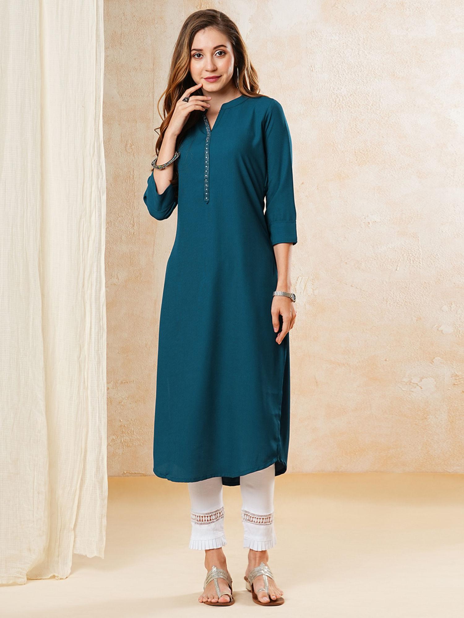 solid stone embellished kurta - teal