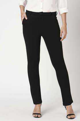 solid straight fit blended fabric women's casual wear pant - black