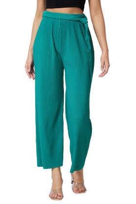 solid straight fit blended fabric women's casual wear trousers - green