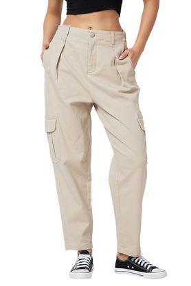 solid straight fit blended fabric women's casual wear trousers - natural