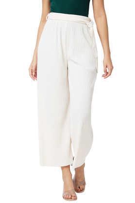 solid straight fit blended fabric women's casual wear trousers - off white