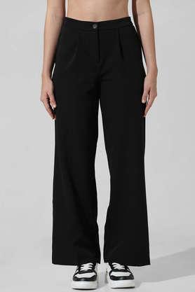 solid straight fit blended fabric women's formal wear pants - black