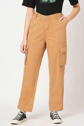 solid straight fit cotton blend women's casual wear trousers - brown
