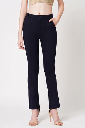 solid straight fit cotton blend women's casual wear trousers - navy