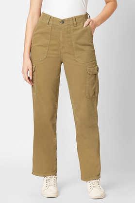 solid straight fit cotton blend women's casual wear trousers - olive