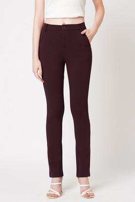 solid straight fit cotton blend women's casual wear trousers - wine