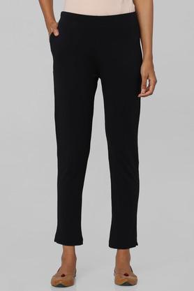 solid straight fit cotton lycra womens all occasions pants - black