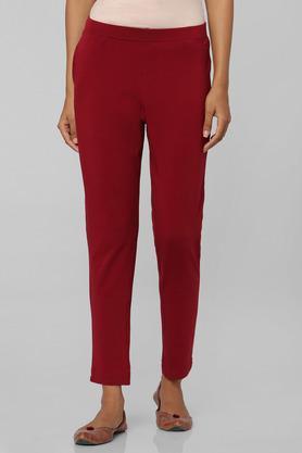 solid straight fit cotton lycra womens all occasions pants - maroon