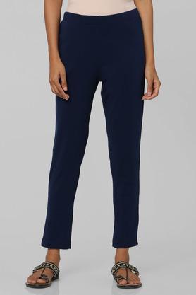solid straight fit cotton lycra womens all occasions pants - navy