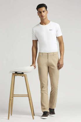 solid straight fit cotton men's casual wear trousers - natural