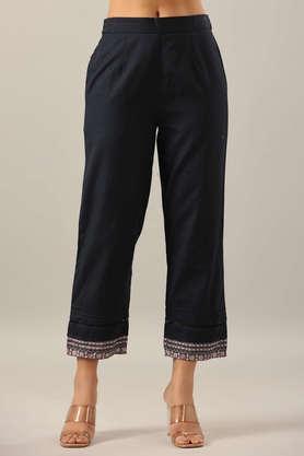 solid straight fit cotton women's casual wear pant - navy