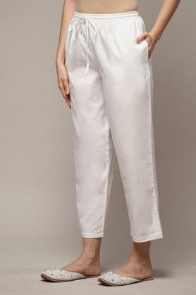 solid straight fit cotton women's casual wear pant - off white