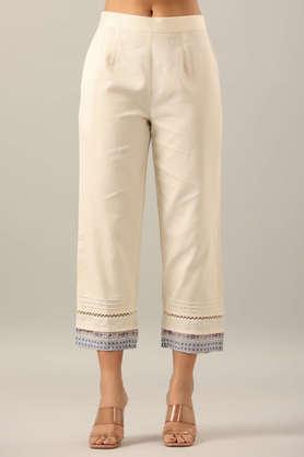 solid straight fit cotton women's casual wear pant - off white