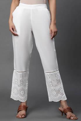 solid straight fit cotton women's casual wear pant - white