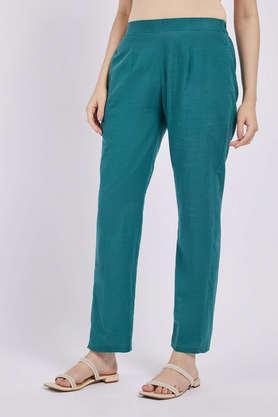 solid straight fit cotton women's casual wear pants - green mix