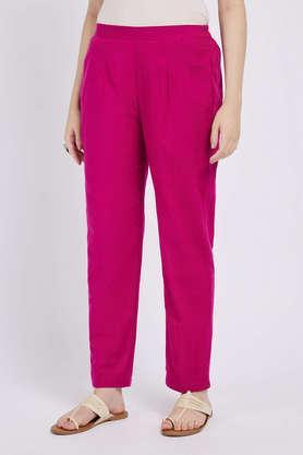 solid straight fit cotton women's casual wear pants - magenta