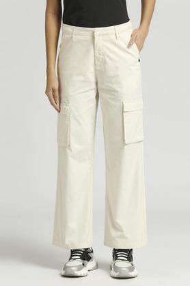 solid straight fit cotton women's casual wear trousers - off white